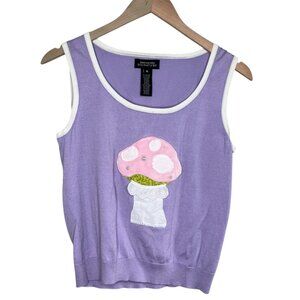 Jones New York Vintage Sleeveless Purple Knit Pink Mushroom Applique Top medium